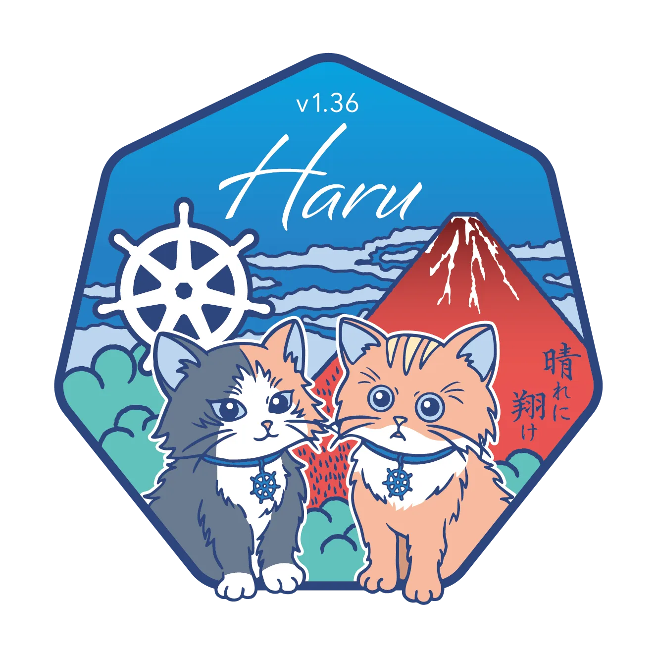Kubernetes v1.36 Haru release logo: a hex badge over Mount Fuji with two cats wearing the Kubernetes helm