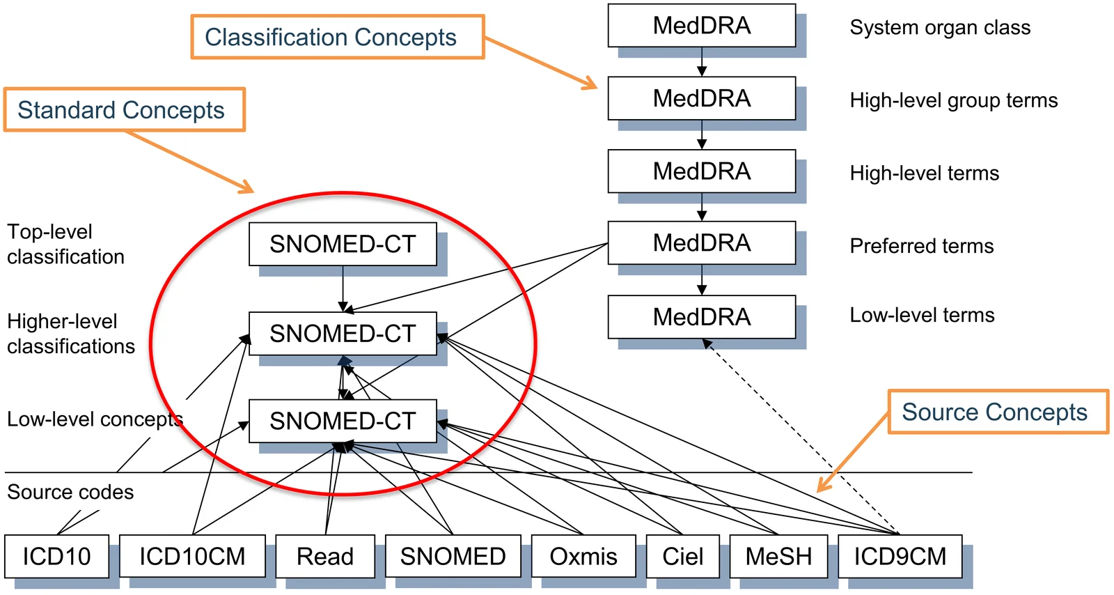 Diagram of standard, non-standard source and classification concepts and their hierarchical relationships in the condition domain