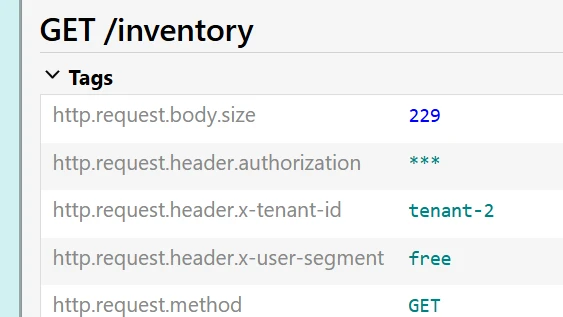 Jaeger span tags for a GET /inventory request where the authorization header value is masked as three asterisks while tenant ID and user segment headers remain visible