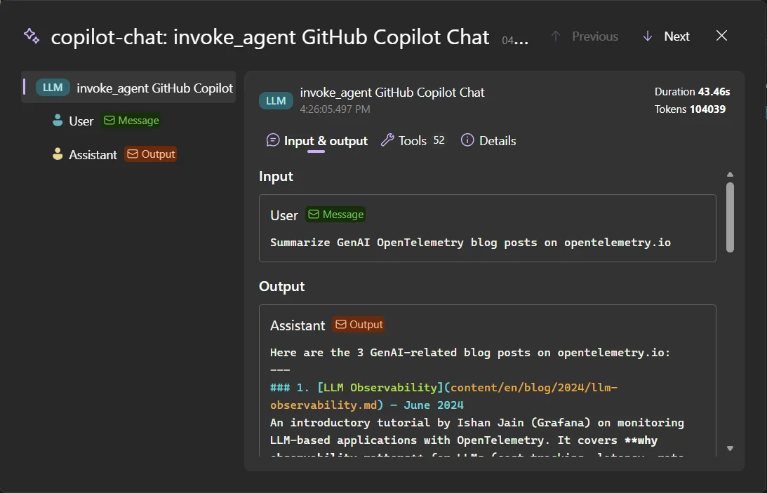 Trace detail for an AI agent call showing the user input message, the assistant output, the number of tool calls, duration and token count