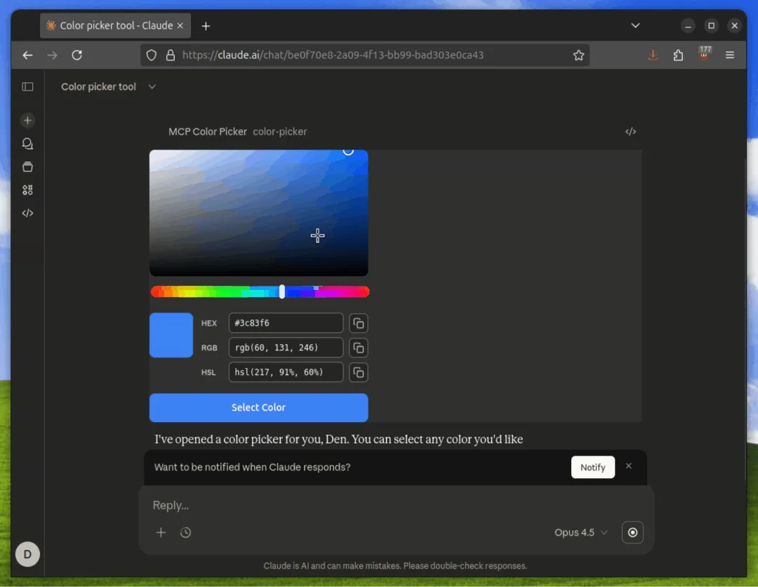 A colour picker MCP App rendered inside a chat conversation, with hex, RGB and HSL values and a Select Color button