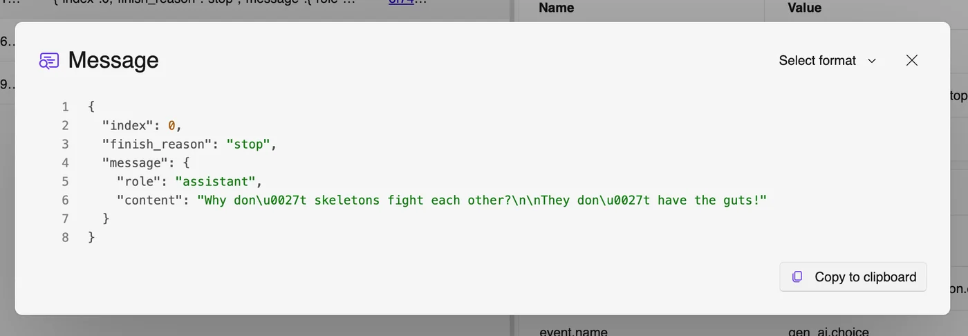 Dashboard dialog showing a captured generative AI message event in JSON with index, finish reason, assistant role and the message content