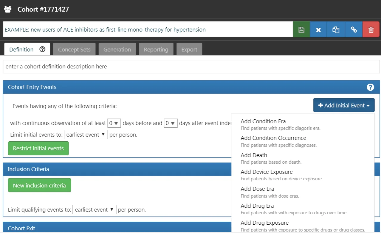 Screenshot of the ATLAS cohort definition editor showing the cohort entry events section