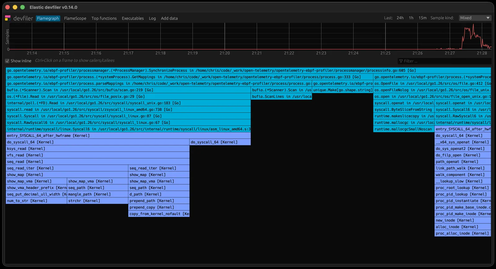 Screenshot of devfiler, a desktop application showing a flame graph of profiling data collected by the OpenTelemetry eBPF profiler
