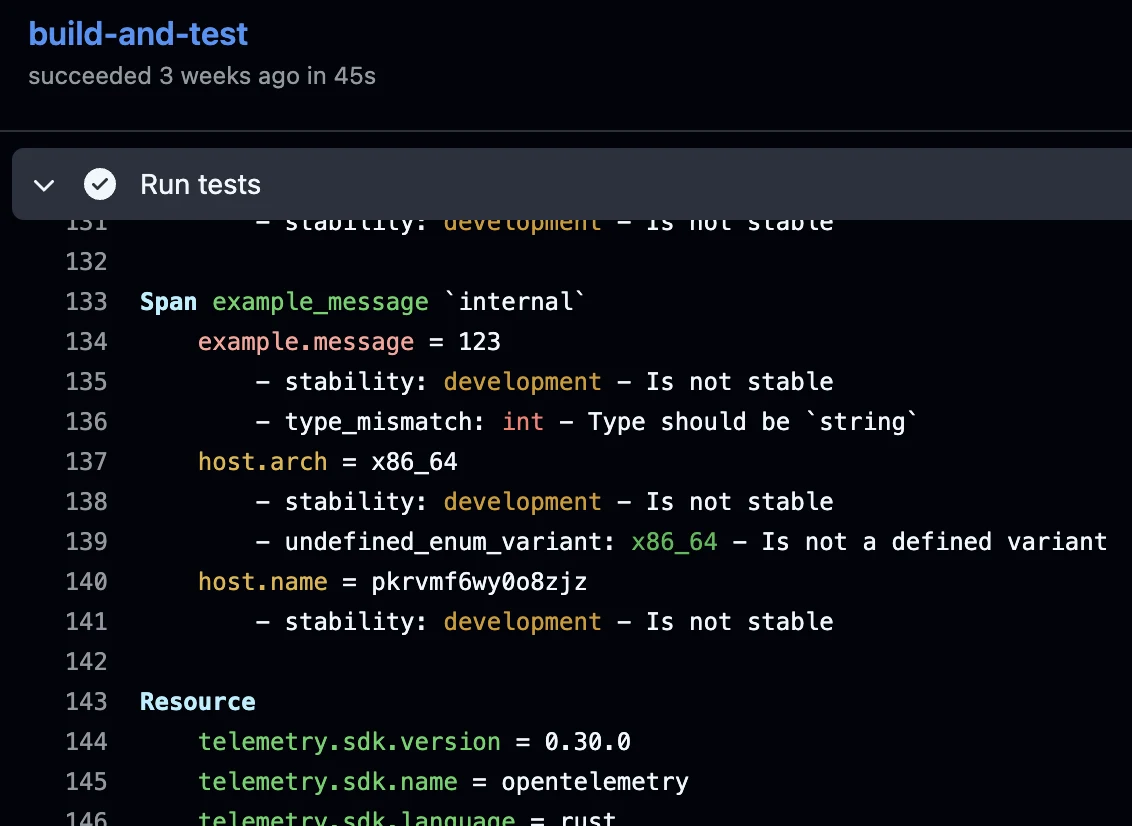 CI job output from a build-and-test run showing a Weaver live-check report listing span and resource attributes, with stability notes, a type mismatch and an undefined enum variant flagged