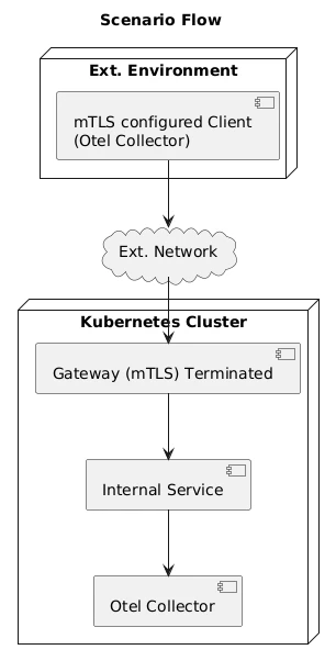 Diagram of an external OpenTelemetry Collector client using mTLS over an external network to reach a Kubernetes gateway that terminates mTLS and passes data to an internal service and collector